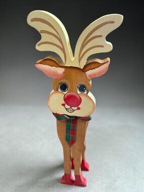 Handcrafted Wooden Reindeer Decor With Red Nose & Plaid Scarf